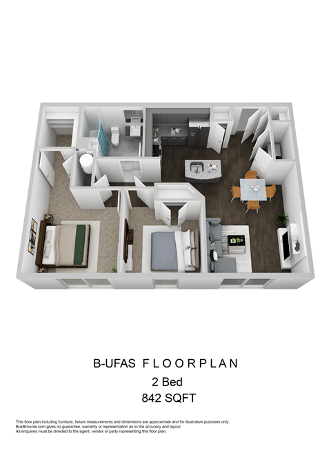 Floor plan for 2 beds, 1.5 baths, 842 sqft